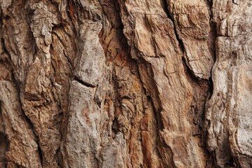 Close-up view of a textured tree trunk showcasing natural wood patterns and earthy tones in a serene forest setting