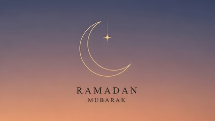 Minimalist ramadan mubarak greeting with golden crescent moon and star on soft gradient background