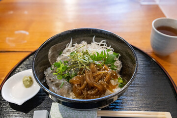 刻みネギと海苔を添えた新鮮なシラス丼