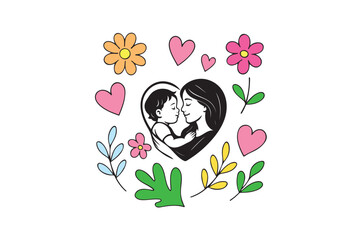 Happy Mother&rsquo;s Day Mother and Child Love Illustration on White Background.