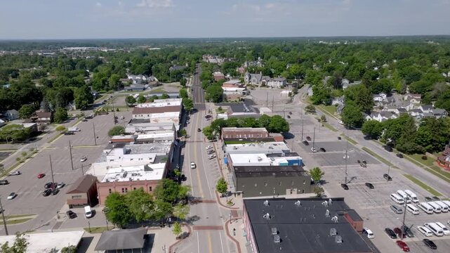 Downtown Lapeer, Michigan with drone video moving in.