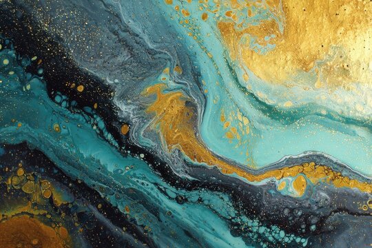 Creative and vibrant abstract ebru background featuring swirling patterns of blue, gold, and black acrylic paint blending harmoniously together on canvas