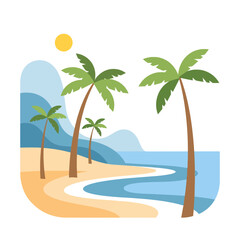 Obraz premium Tropical Beach Scene with Palm Trees and Ocean Waves - Flat Vector Illustration