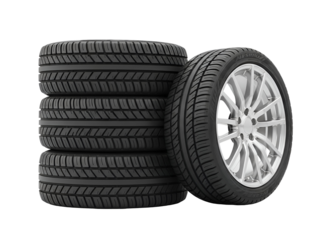 Set of new black car tires, one with a modern silver alloy rim, neatly stacked for automotive sales or maintenance concepts, isolated on transparent background.