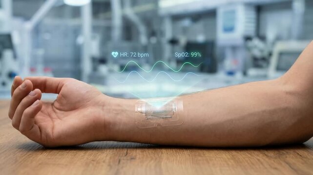 Smart health patch wearable technology monitoring heart rate and oxygen level hospital environment