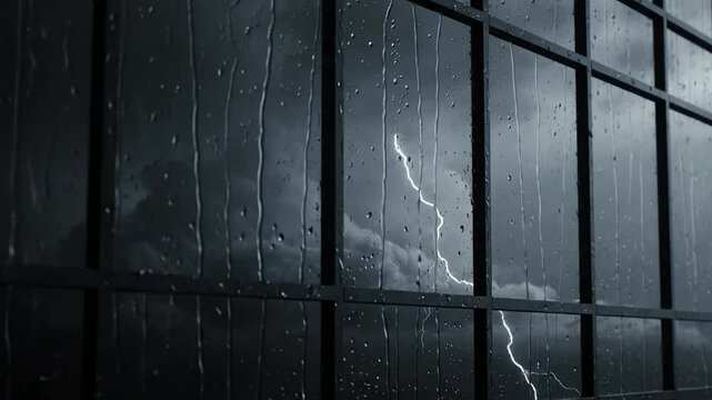 Dramatic lightning from a powerful storm reflecting in a wet city skyscraper window, illustrating an urban challenge concept