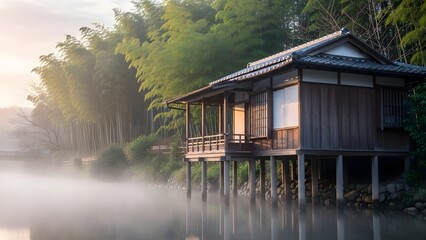 Traditional Japanese stilt house over misty water at sunrise with bamboo forest in the background.