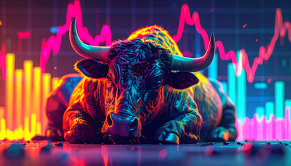 A resting bull in front of vibrant neon stock market graphs, symbolizing a market pause or financial consolidation phase.