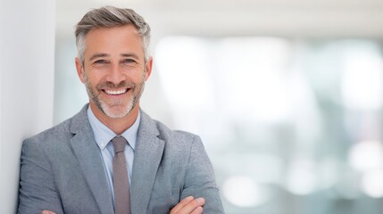Portrait of a middle-aged man with grey hair and a beard, smiling at the camera. he is wearing a grey suit and a light blue shirt with a patterned tie.