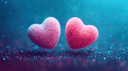 Obraz premium Two pink heart-shaped candies floating in a dreamy, glittery atmosphere.
