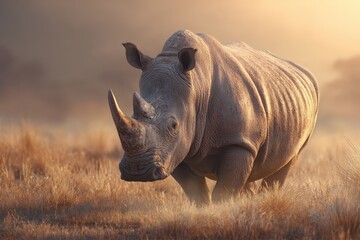 Critically endangered northern white rhino calmly roaming through golden grasslands at sunset in its natural habitat