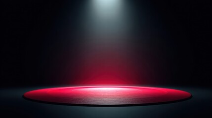 Red illuminated stage with a spotlight against a dark background.