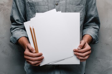 Freelancer holding blank papers and pencils in a workspace setting, ready to create designs or sketches in a professional atmosphere