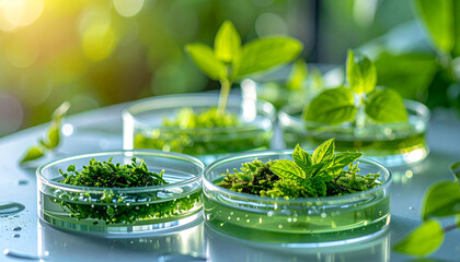 Close-up of plants growing in petri dishes with natural light and bokeh science laboratory