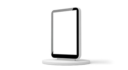Modern digital tablet with a blank white screen standing on a circular base, ready for content display, isolated on white background