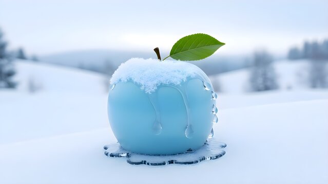  Large blue apple with melting snowcap and glossy droplets resting on a frozen surface in a soft hilly winter landscape, symbolizing refreshing contrast, surreal color, and peaceful seasonal imaginati