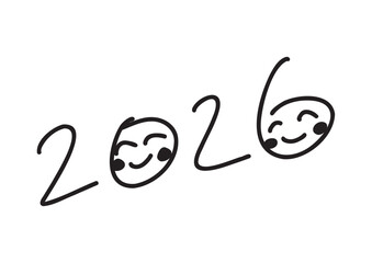 にっこり笑顔の2026の手書きペン風文字素材