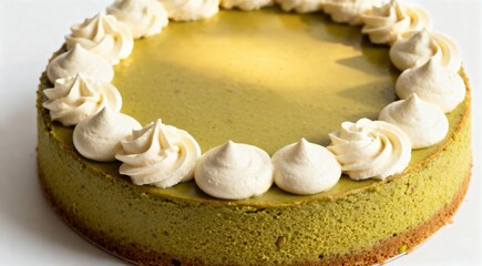 Pistachio cake with cream isolated on white background. Copy space