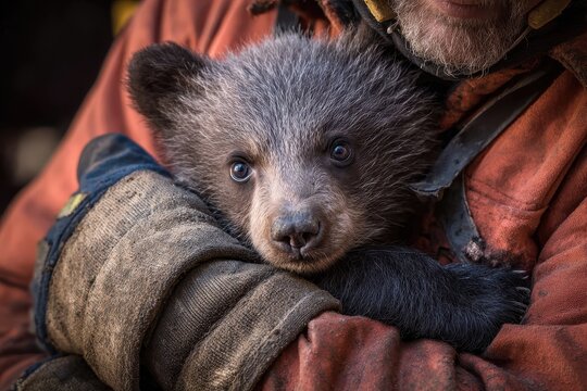 Rescuer cradles young bear with care in a rugged wilderness setting during a rescue operation to protect wildlife