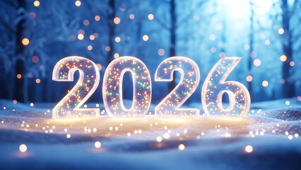 2026 numbers illuminated with fairy lights in snowy forest