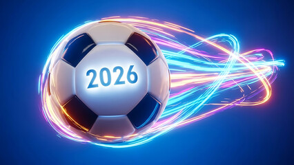 Soccer ball with 2026 glowing on its surface and light trails