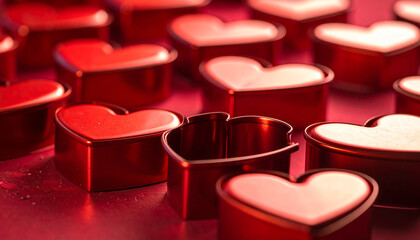 Collection of red heart-shaped containers and cookie cutters baking