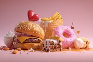 Excessively sugary and fatty fast food items including a burger, fries, sweets, and desserts displayed on a pastel background to highlight unhealthy eating habits associated with poor skin and figure