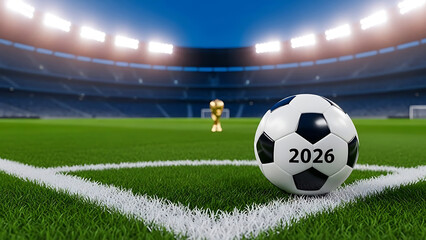 Soccer ball with 2026 on it on stadium field near trophy