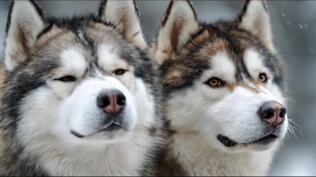 Two huskies close together, fluffy coats, amber eyes, and a joyful grin against mist. under moonlit!