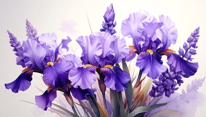 Watercolor illustration showcasing a collection of vibrant, blooming purple flowers with delicate petals and long leaves