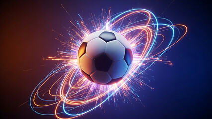 Soccer ball with glowing light trails and sparks sport