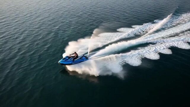 Person riding a blue jet ski on a body of water leaving a white wake