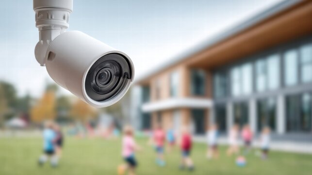 Security camera overlooking a schoolyard with children playing.