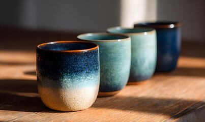 Set of artisanal ceramic cups on a wooden table, unique glazing technique showing a color gradient from rough sandy beige texture at the bottom to smooth turquoise then deep navy blue at the rim