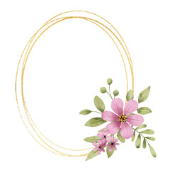 Floral gold frame wreath border. Watercolor hand painting geometric background. Flowers, leaf, leaves, isolated on white background. © Larisa