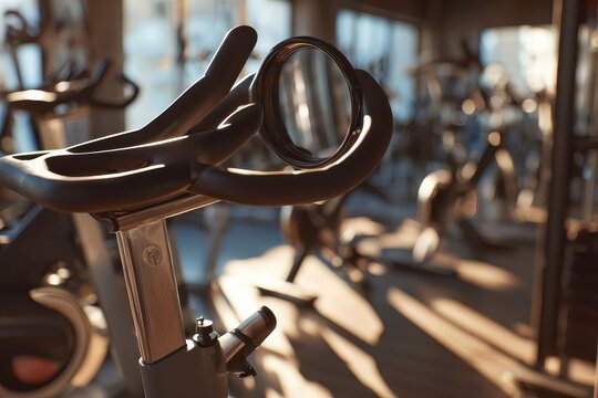Indoor gym featuring sports equipment, including a stationary bicycle with a mirror, creating an inviting atmosphere for fitness enthusiasts to exercise during the day - Powered by Adobe