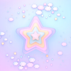 3D render pastel rainbow star and clouds.