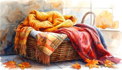 Watercolor depiction of warm blankets overflowing a wicker basket, next to a window with autumn leaves and soft lighting