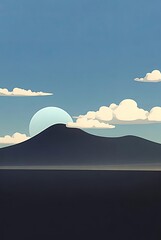 Obraz premium Serene minimalist landscape illustration featuring dark mountains silhouetted against a stylized sun and blue…