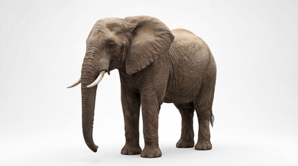Fototapeta premium Majestic African elephant stands gracefully with impressive tusks against a pristine, isolated white background, showcasing its powerful presence and detailed texture in a full-body studio shot