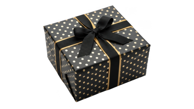 Black gift box with gold polka dots and black ribbon isolated on transparent background - Powered by Adobe