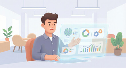 Businessman analyzing financial statistics on virtual holographic screen.