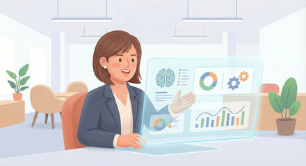 Businesswoman presenting market trends on digital holographic dashboard.