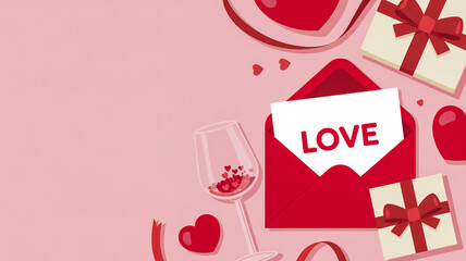 Valentine's Day flat lay with red envelope, gifts, wine glass, and hearts on pink background