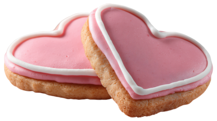 Stack of heart shaped pink cookies with white icing on transparent background png