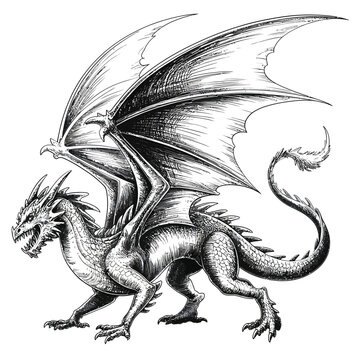 Detailed ink drawing of a majestic dragon with spread wings and tail