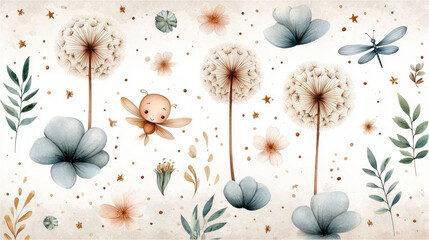 Whimsical dandelion cute fairy dragonfly illustration pastel flower fantasy pattern botanical leaf magical nature baby character nursery wall art seamless background Dreamy whimsical dandelion