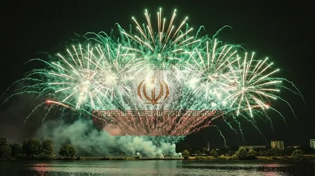 Iran Flag Fireworks Green White Red Emblem Calligraphy. Explosive Iranian National Flag Pyrotechnics Display. Dynamic Central Design Fireworks.