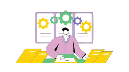 Businessman working diligently at modern office desk with paperwork