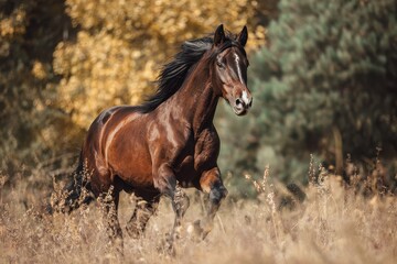 Obraz premium Majestic horse galloping through golden grass under a clear sky in a serene natural landscape